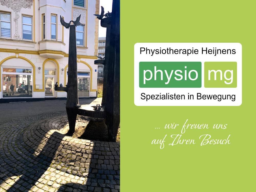 Aussenansicht der Praxis Physio-mg mit Logo und Willkommenstext